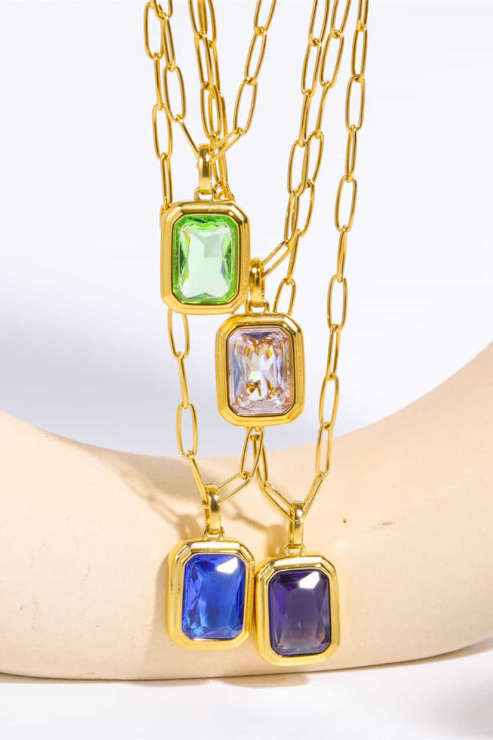 Gemstone Rectangular Pendant Paperclip Chain Necklace