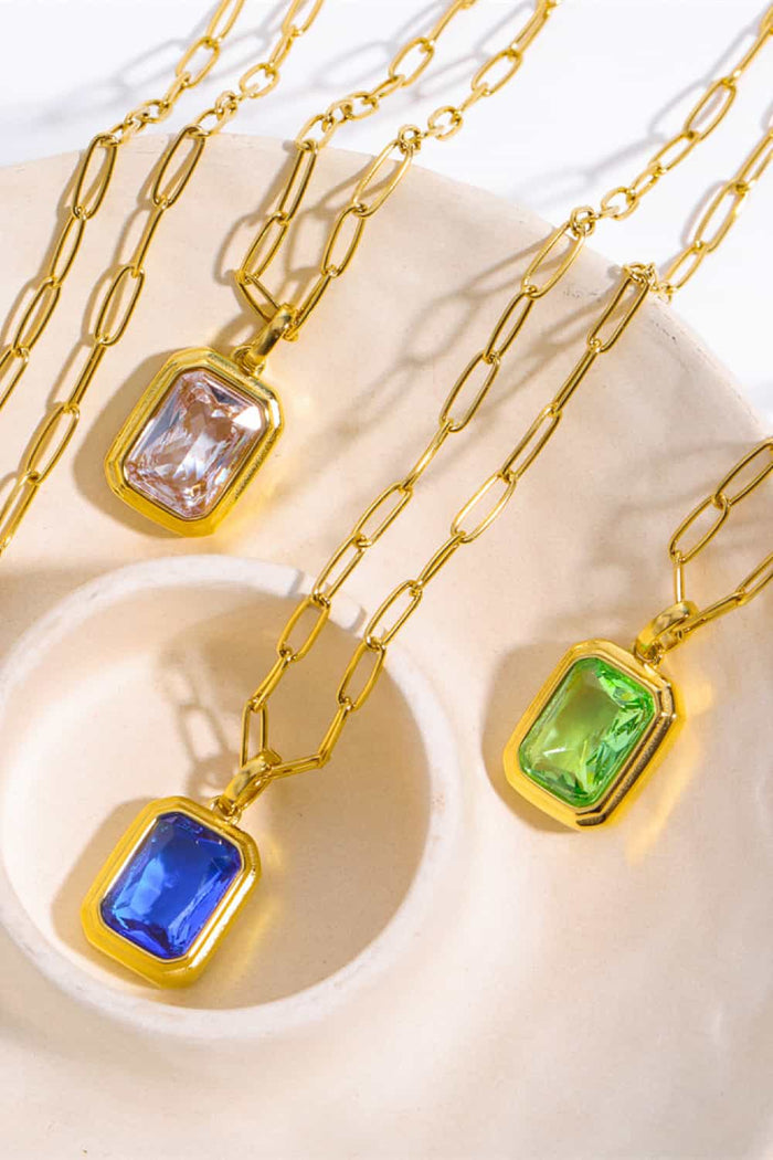 Gemstone Rectangular Pendant Paperclip Chain Necklace
