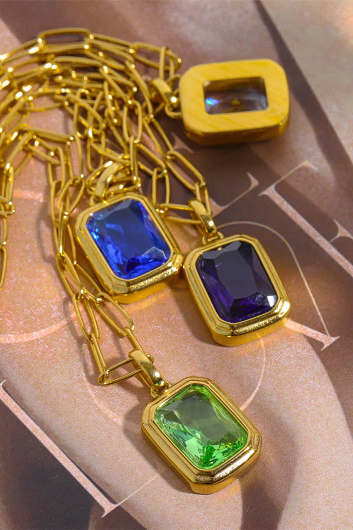 Gemstone Rectangular Pendant Paperclip Chain Necklace