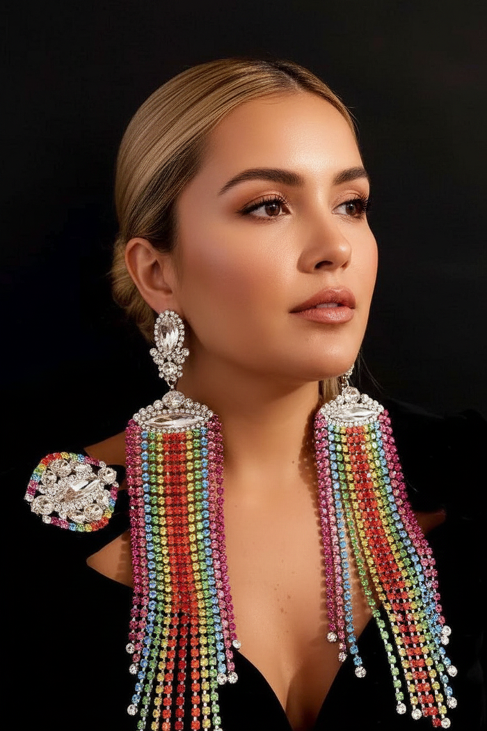 Geometric Crystal Rhinestone Earrings — Rainbow, Close-Up