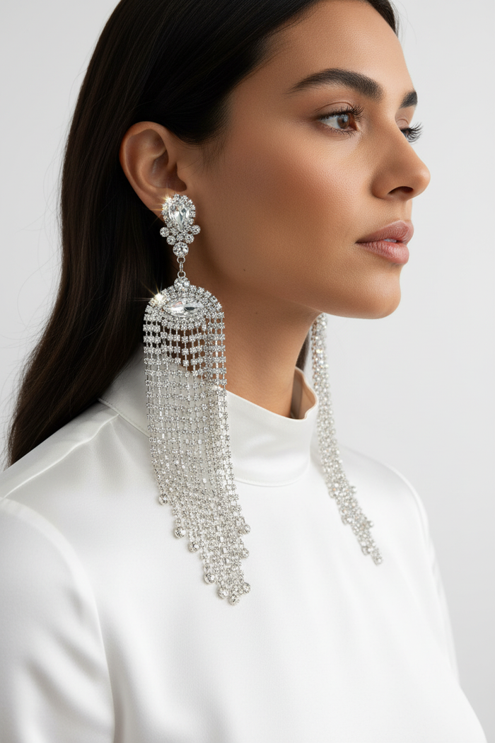 Geometric Crystal Rhinestone Earrings — Silver, Side Profile