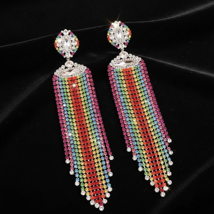 Geometric Crystal Rhinestone Earrings — Rainbow Flat Lay