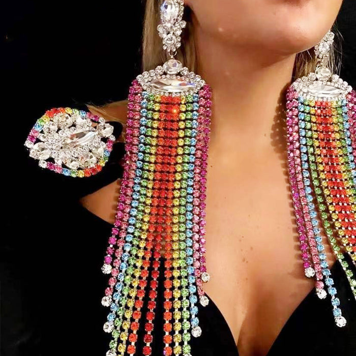 Geometric Crystal Rhinestone Earrings — Rainbow & White