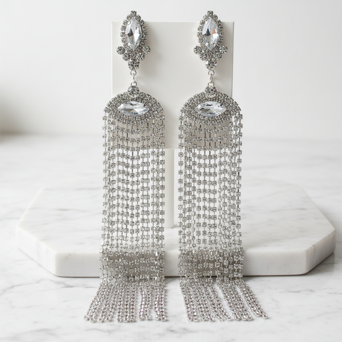 Geometric Crystal Rhinestone Earrings — Silver Display