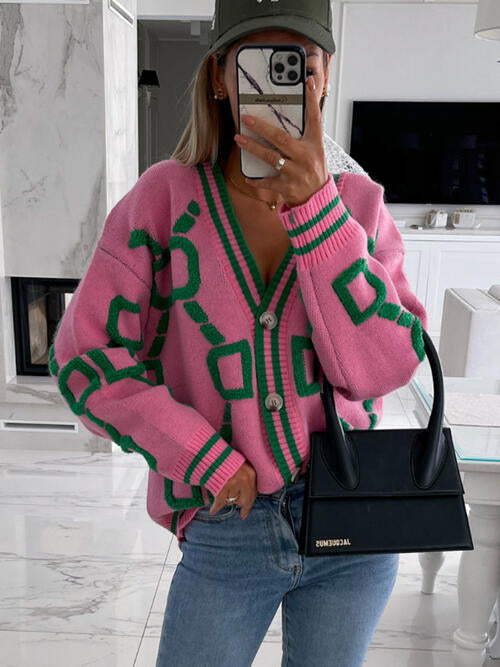 Geometric Dropped Shoulder Button-Down Cardigan