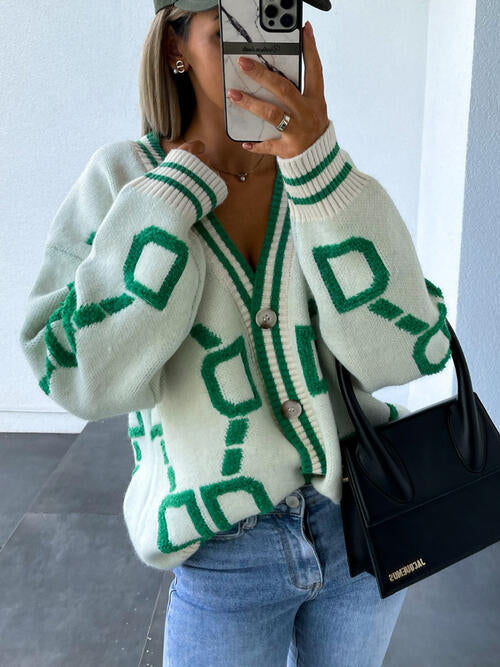 Geometric Dropped Shoulder Button-Down Cardigan