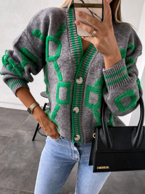 Geometric Dropped Shoulder Button-Down Cardigan