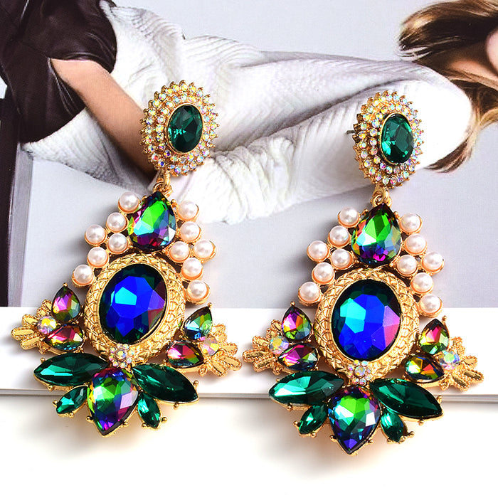 Geometric Glass Crystal Statement Earrings — Colorful Drop