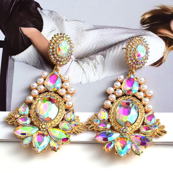 Geometric Glass Crystal Statement Earrings — Colorful Drop