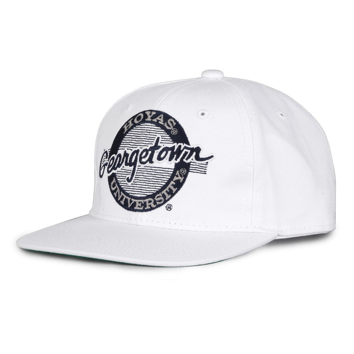 Georgetown Retro Circle snapback hat in white, angled view