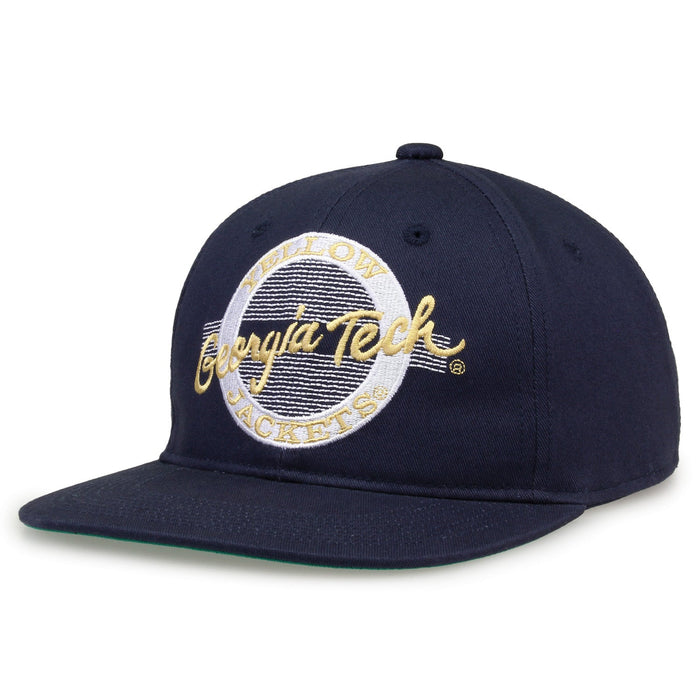 Georgia Tech Retro Circle snapback hat in navy, angled view