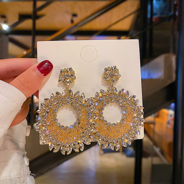 Gold Sunflower Halo Crystal Drop Earrings | Marquise Rhinestone Statement Earrings