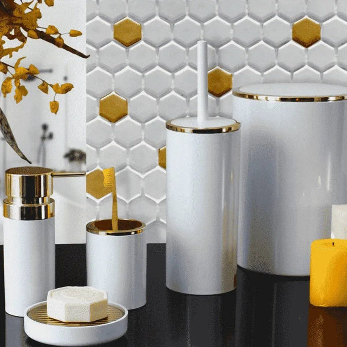 Gold Trim Acrylic 5 Piece Bathroom Set with 6 L Bin and Pump
