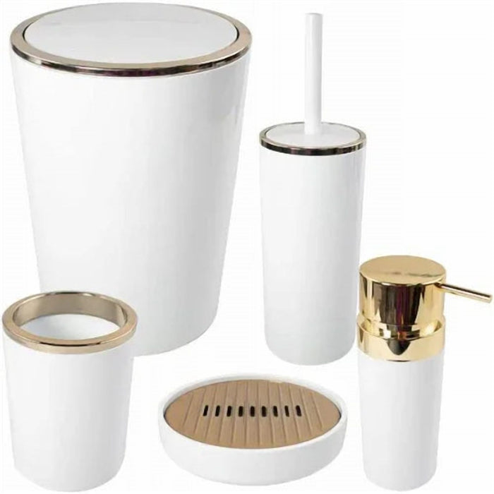Gold Trim Acrylic 5 Piece Bathroom Set with 6 L Bin and Pump