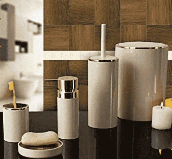 Gold Trim Acrylic 5 Piece Bathroom Set with 6 L Bin and Pump