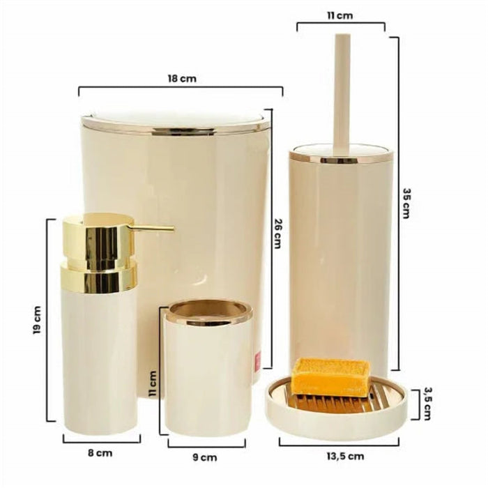 Gold Trim Acrylic 5 Piece Bathroom Set with 6 L Bin and Pump