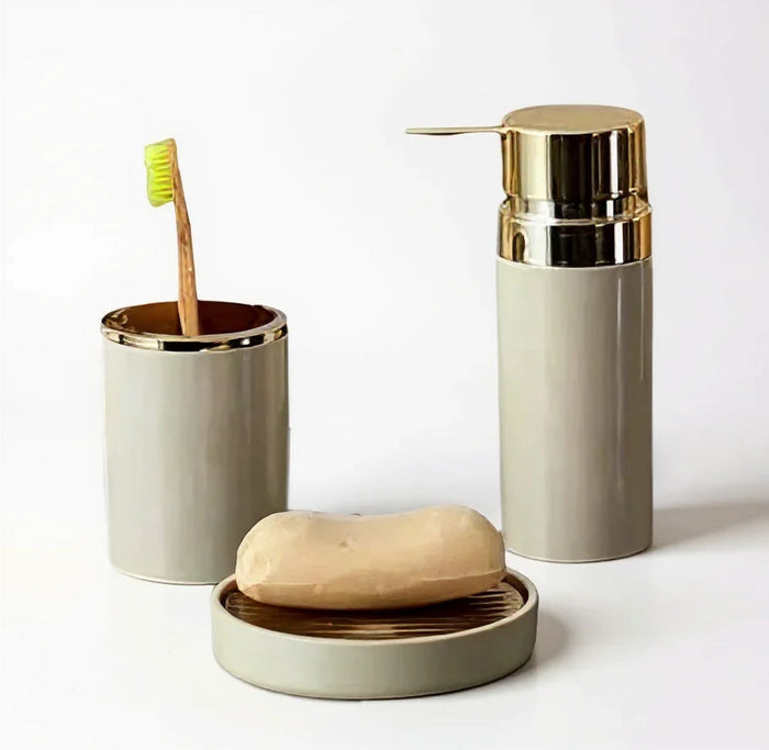 Gold Trim Acrylic 5 Piece Bathroom Set with 6 L Bin and Pump