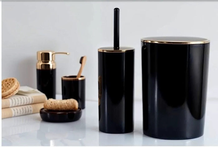 Gold Trim Acrylic 5 Piece Bathroom Set with 6 L Bin and Pump