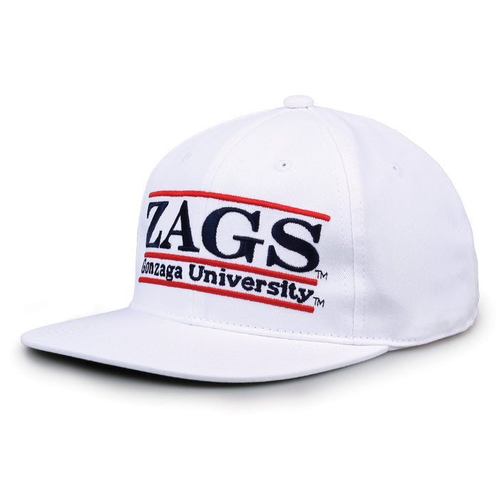 Gonzaga Retro Bar snapback hat in white, angled view