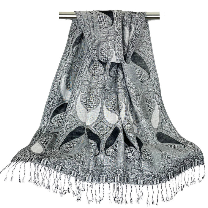Grey & Black Paisley Rave Pashmina, Pashmina, - One Stop Rave