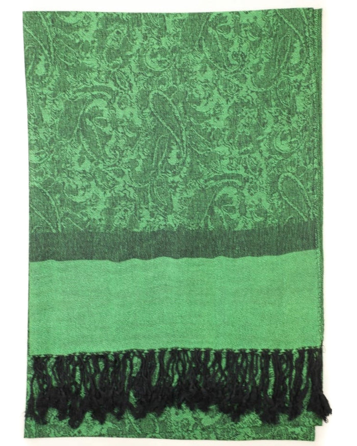 A green and black paisley pattern pashmina with fringes displayed on a white background.