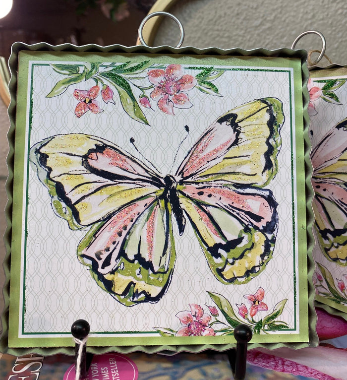 Green, Yellow, & Pink Butterfly Galvanized Framed Mini Print with Floral Accents