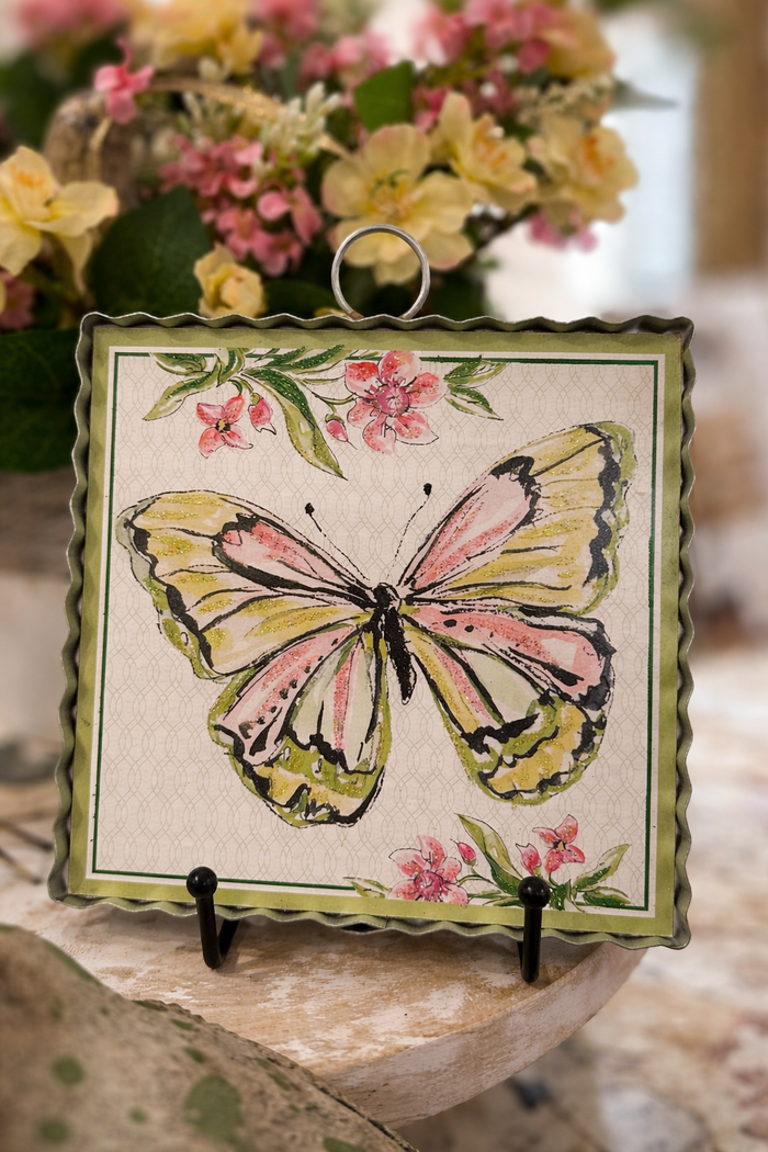 Green, Yellow, & Pink Butterfly Galvanized Framed Mini Print with Floral Accents