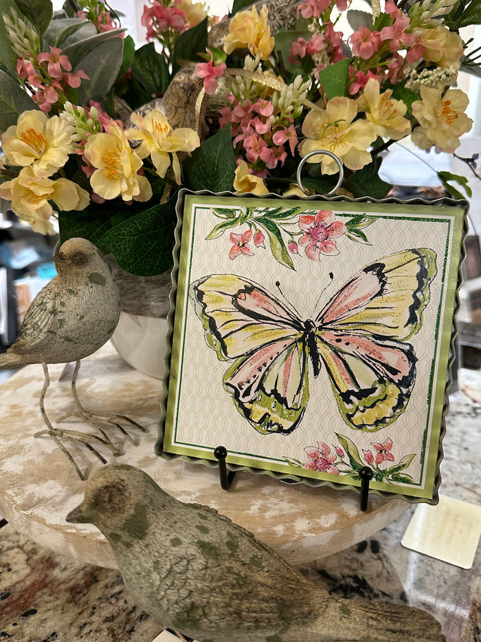 Green, Yellow, & Pink Butterfly Galvanized Framed Mini Print with Floral Accents