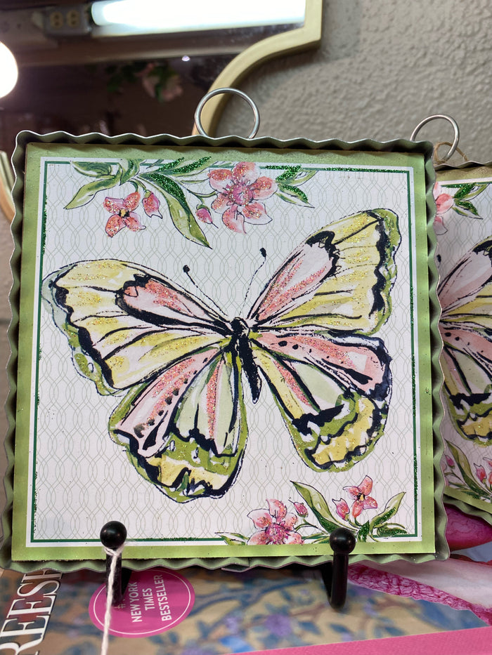 Green, Yellow, & Pink Butterfly Galvanized Framed Mini Print with Floral Accents