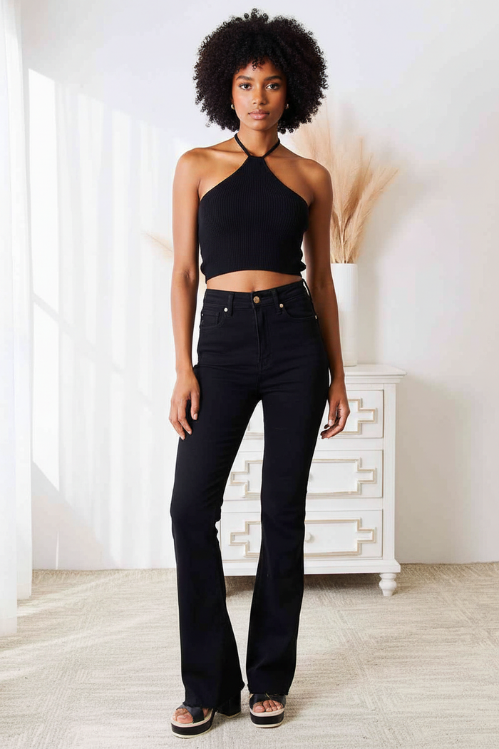 Black Ribbed Halter Crop Top