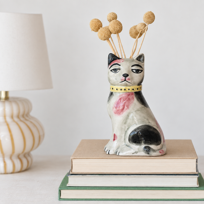 Hand-Painted Stoneware Vintage Reproduction Cat Vase
