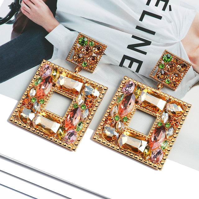 Handmade Square Crystal Drop Earrings — Waterproof & Hypoallergenic