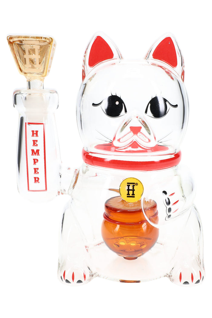 Clear 7-inch Hemper Lucky Money Cat XL glass bong shaped like waving lucky cat with orange money bag perc and gold bowl.