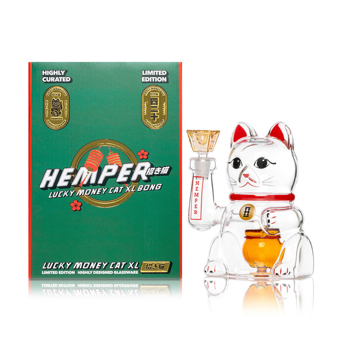 Front view of Hemper Lucky Money Cat XL clear glass bong with red accents, raised paw joint and orange money bag perc.