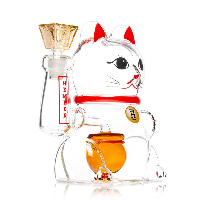 Side angle of 7-inch Hemper Lucky Money Cat XL novelty glass bong highlighting clear kitty body, paw joint and wide base.