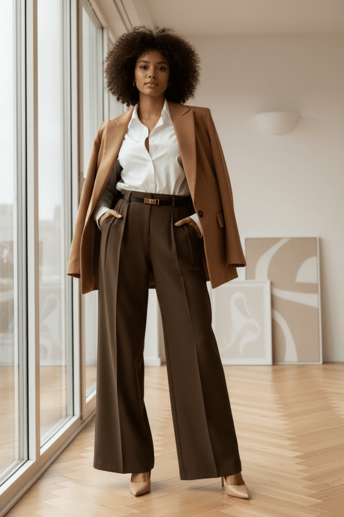 High-Waist Wide-Leg Pleated Trousers in Chocolate - The PM Edit