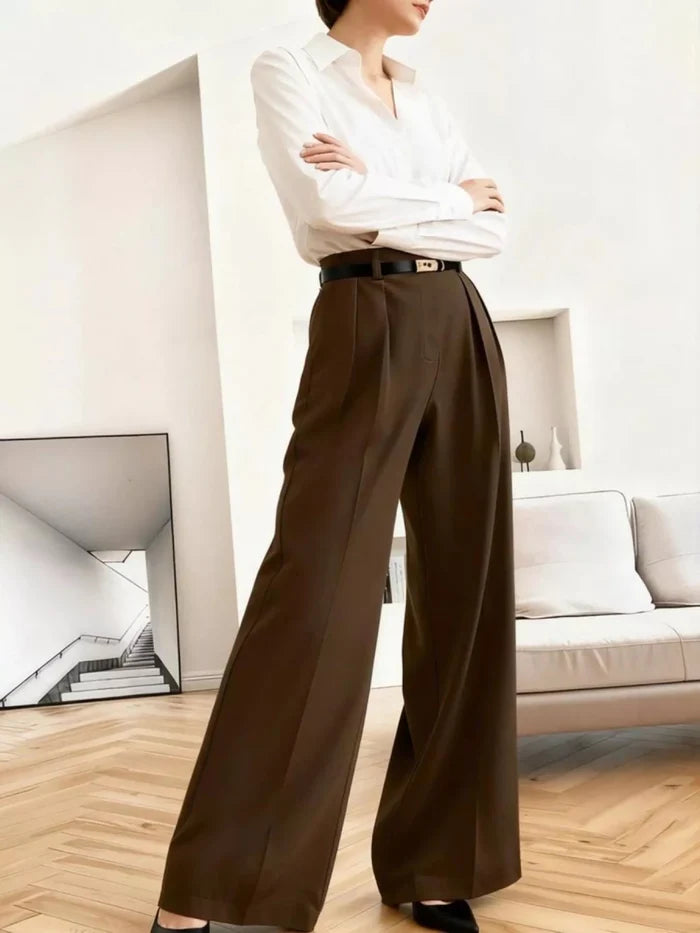 High-Waist Wide-Leg Pleated Trousers in Chocolate - The PM Edit
