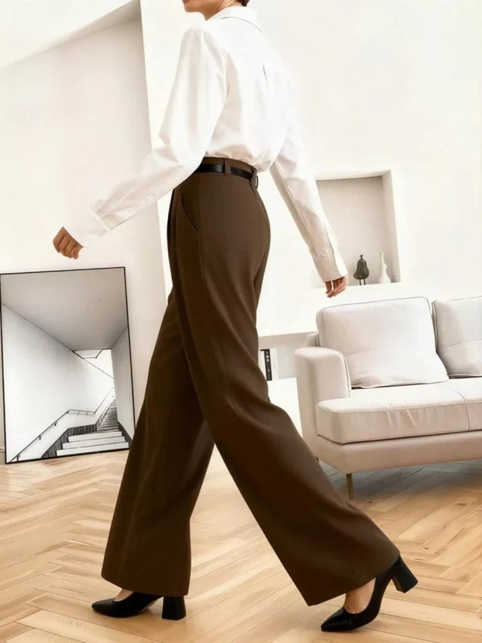 High-Waist Wide-Leg Pleated Trousers in Chocolate - The PM Edit