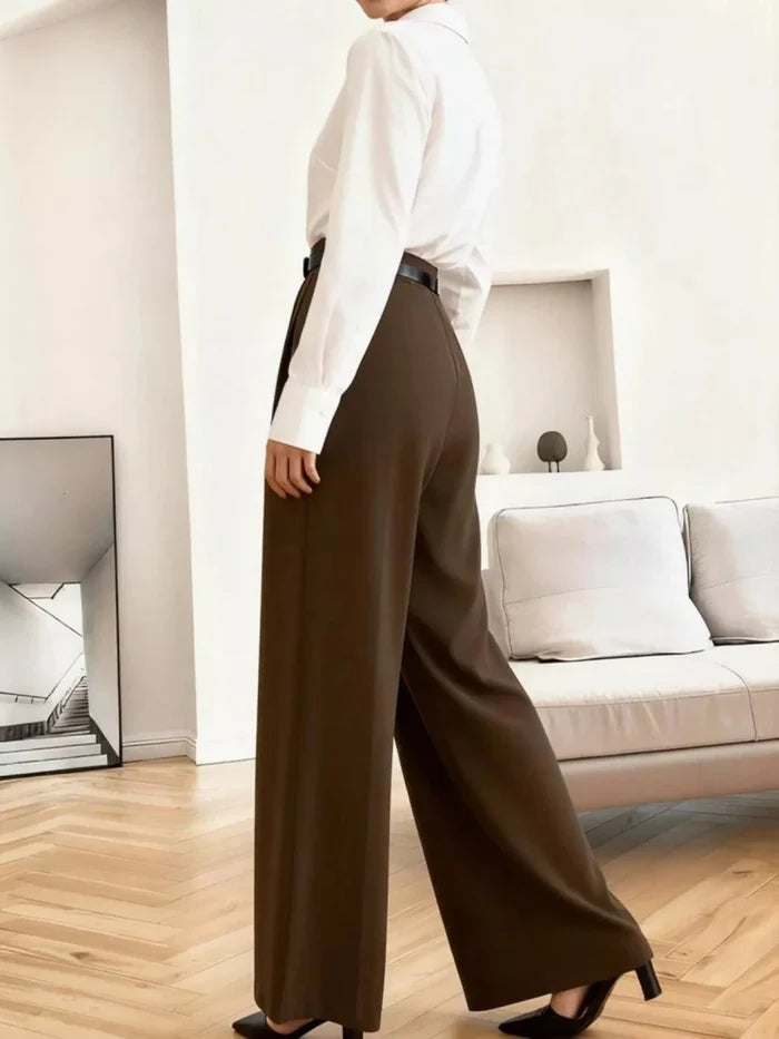 High-Waist Wide-Leg Pleated Trousers in Chocolate - The PM Edit
