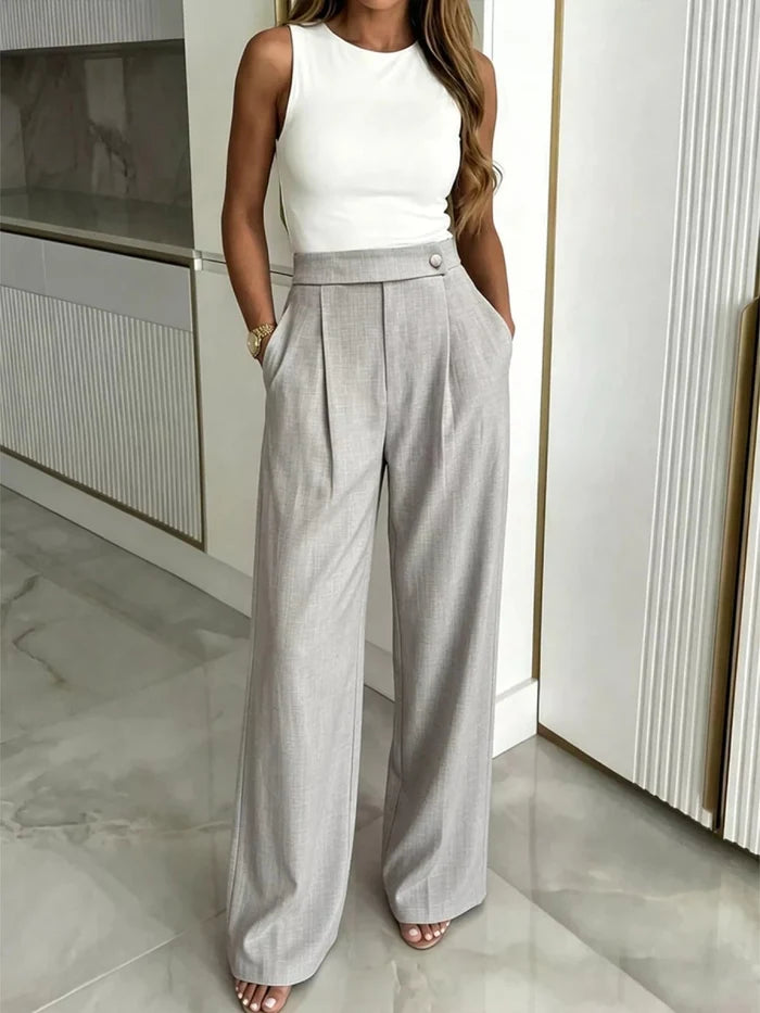 High-Waist Wide-Leg Pleated Trousers in Gray - The PM Edit