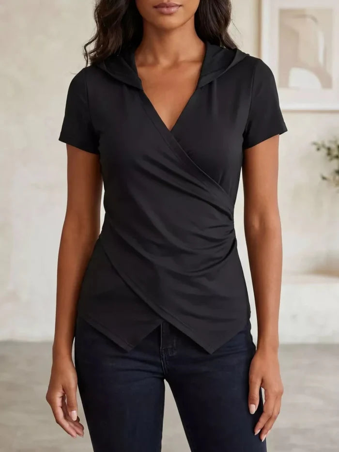 Hooded Wrap Front Top | Ruched Short Sleeve | The PM Edit - The PM Edit
