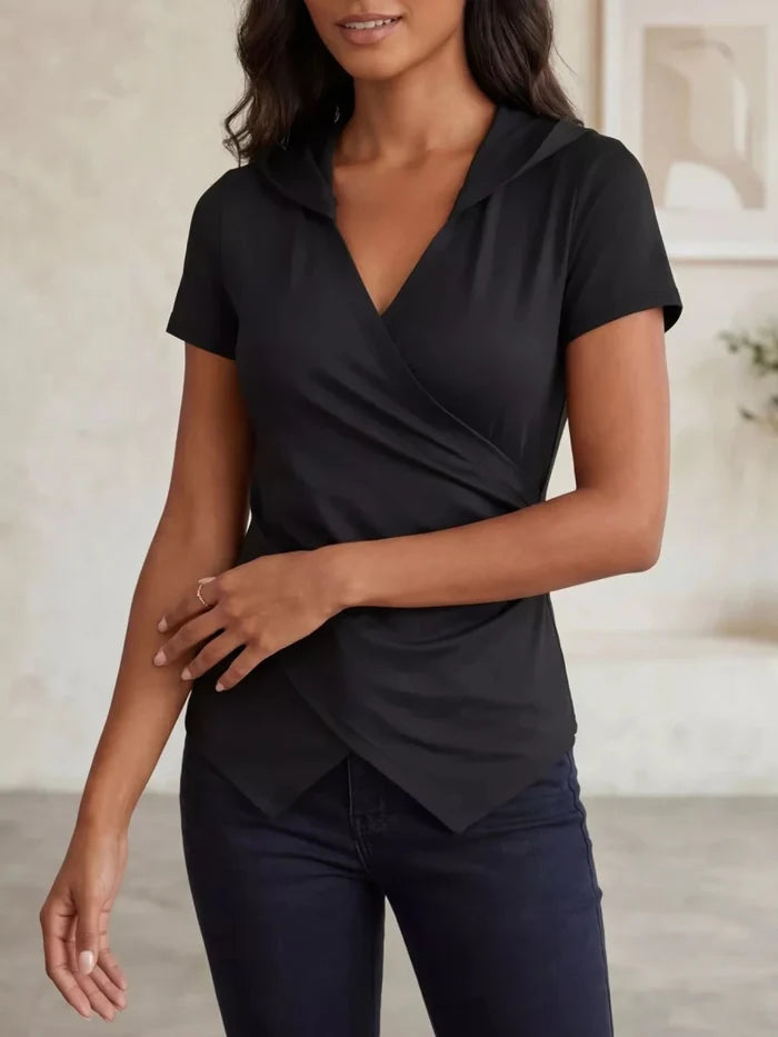 Hooded Wrap Front Top | Ruched Short Sleeve | The PM Edit - The PM Edit