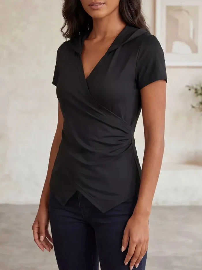 Hooded Wrap Front Top | Ruched Short Sleeve | The PM Edit - The PM Edit
