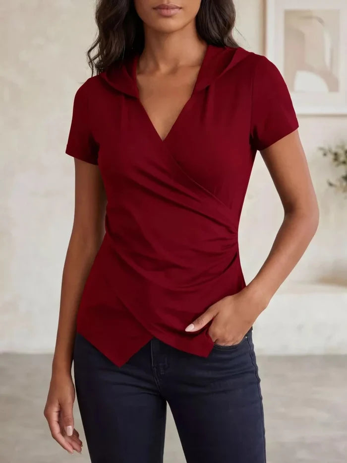 Hooded Wrap Front Top | Ruched Short Sleeve | The PM Edit - The PM Edit