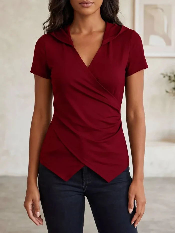 Hooded Wrap Front Top | Ruched Short Sleeve | The PM Edit - The PM Edit