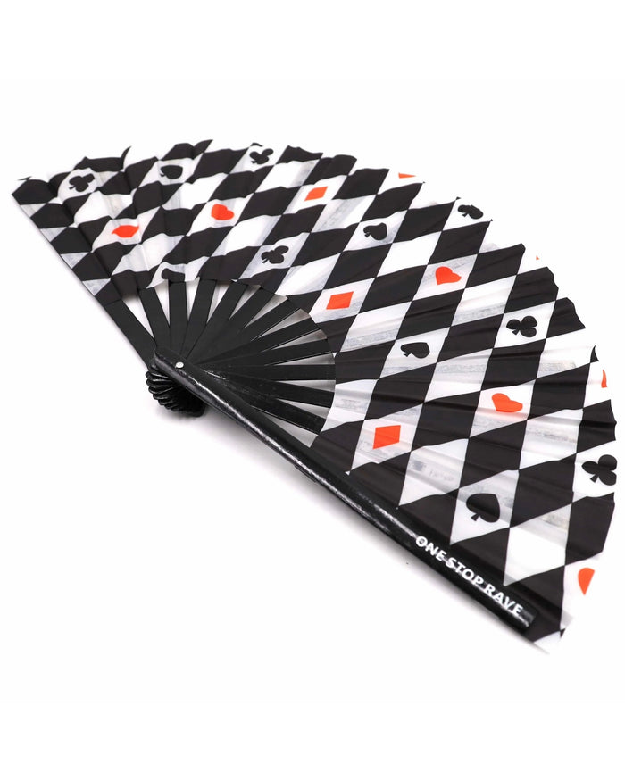 House of Cards hand fan angled view black white diamond pattern