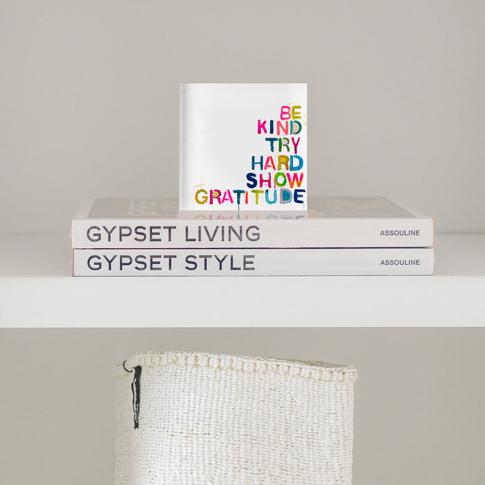 Colorful House Rules Block of Love by Kerri Rosenthal. Blocks of Love are signed, mini editions of Kerri Rosenthal's word artwork mounted on 3/4" plexiglass acrylic block