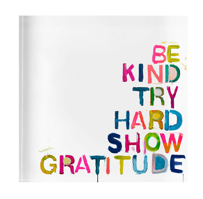 Colorful House Rules Block of Love  by Kerri Rosenthal. Blocks of Love are signed, mini editions of Kerri Rosenthal's word artwork mounted on 3/4" plexiglass acrylic block