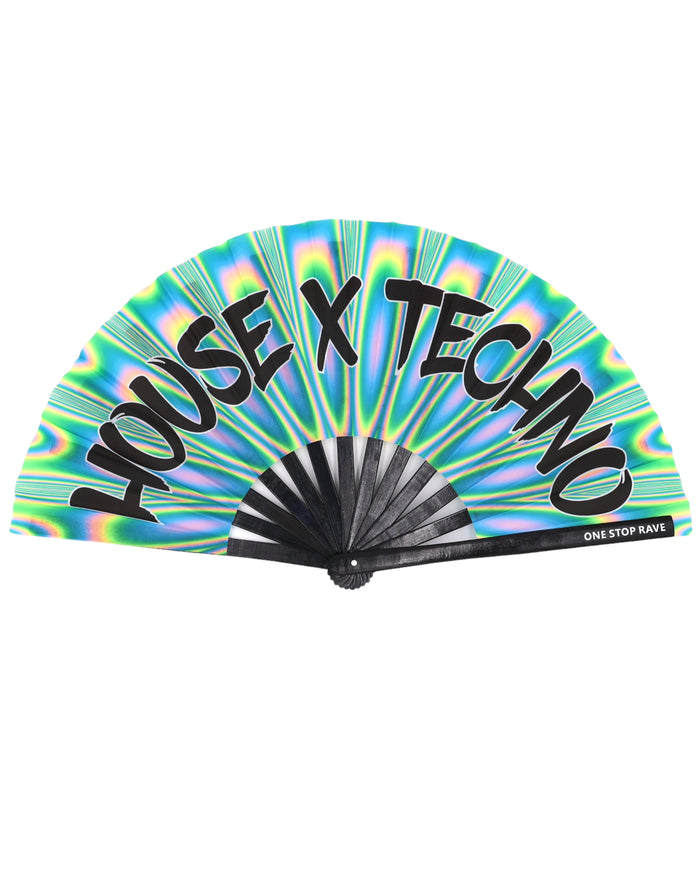 House X Techno hand fan green blue psychedelic swirl open view