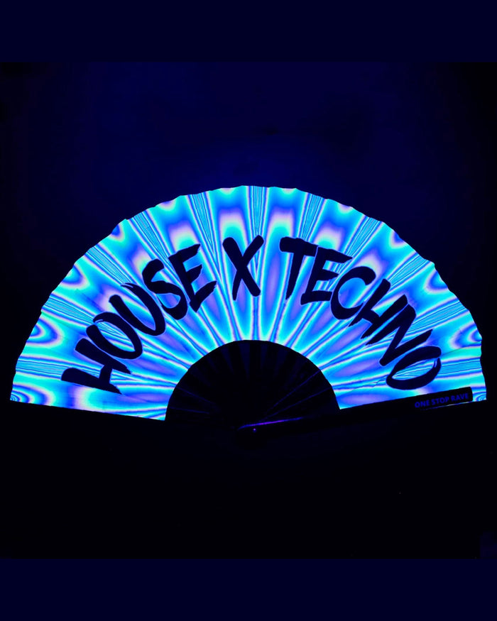 House X Techno hand fan glowing electric blue under blacklight UV-Reactive